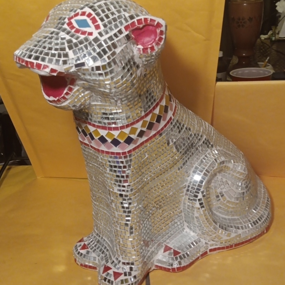 Mosaic Silver Glass Disco Leopard Cat Statue Art